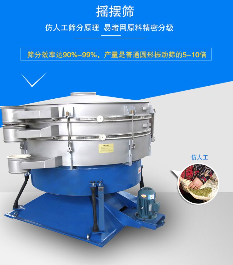 搖擺篩適合精細(xì)和超細(xì)范圍的粉末和微粒狀物料，產(chǎn)量大、精度高